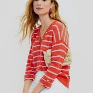 NWT LOFT Striped Roll Sleeve Henley Sweater Pink Punch Large
